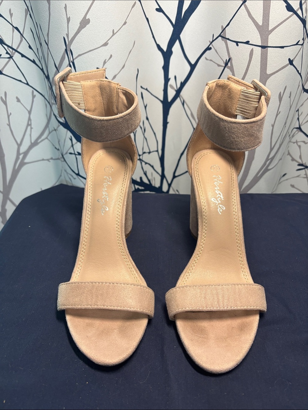 Herstyle Ankle-Cuff Block Heel Sandals in soft pink suede
